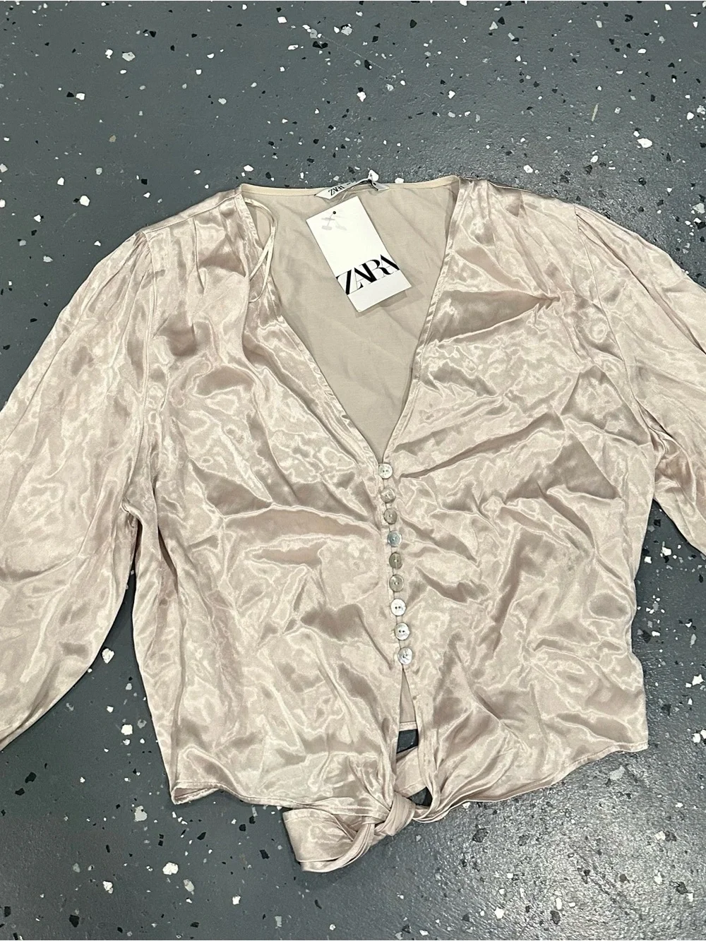 Zara Light Beige Satin Button-Front Tie Hem Blouse